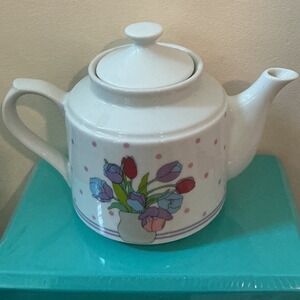 Vintage Rare Made in Japan Floral Tulip Polka Dot Ceramic Teapot with Lid White